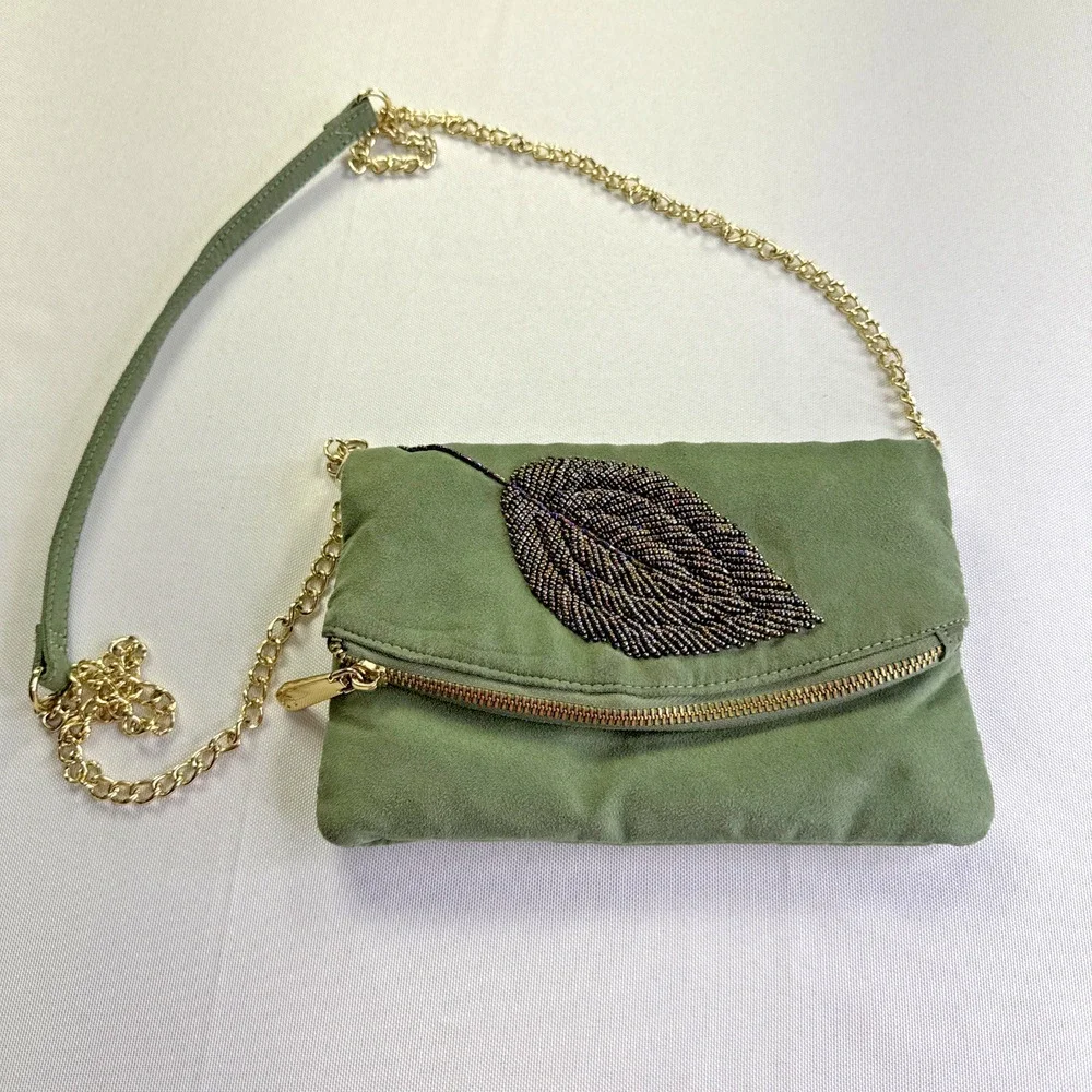 CHARMING CHARLIE Green Suede Crossbody Bag w/ Glass Bead Leaf Detail Gold Chain